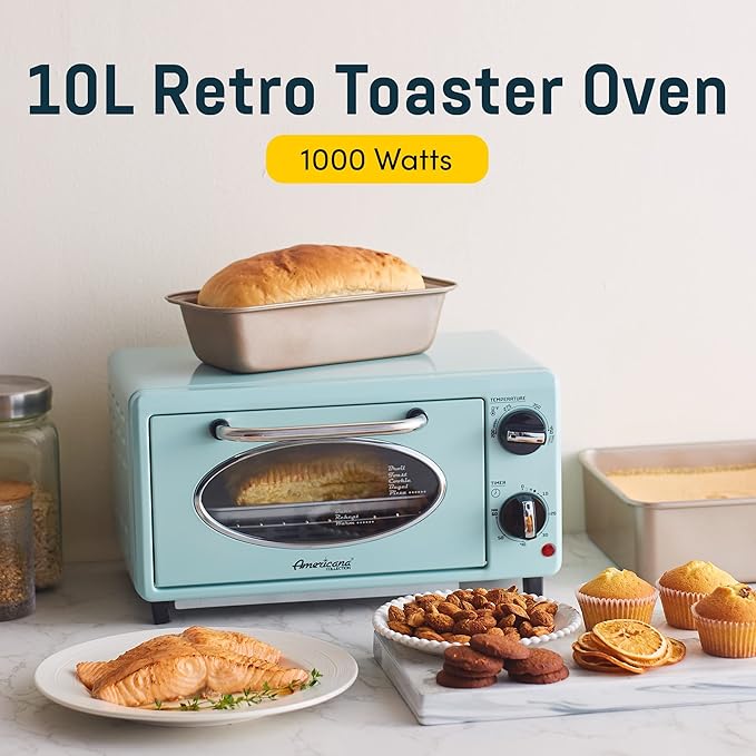 Elite Gourmet by Maximatic Americana Collection ETO147M Diner 50’s Retro Countertop Toaster oven, Bake, Toast, Fits 8” Pizza, Temperature Control & Adjustable 60-Minute Timer 1000W, 2 Slice, Mint