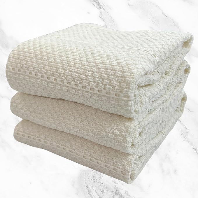 Off White Ivory Cream Kitchen Hand Dish Towels: Oversized 28" x 18",100% Cotton Cloth Soft Cleaning Drying Absorbent Textured Design, Set of 3 Multipurpose for Everyday Use (Creme Textured)