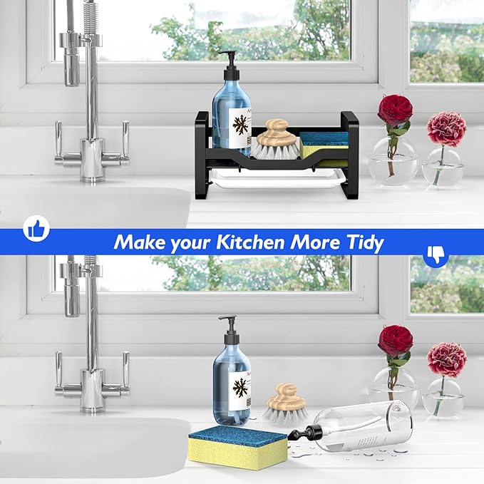 Kontoyo Sink Caddy Sponge Holder,Sponge Holder for Kitchen Sink,Kitchen Sink Organizer for Soap Brush Dispenser,Countertop Sink Caddy Organizer with Removable Drain Tray