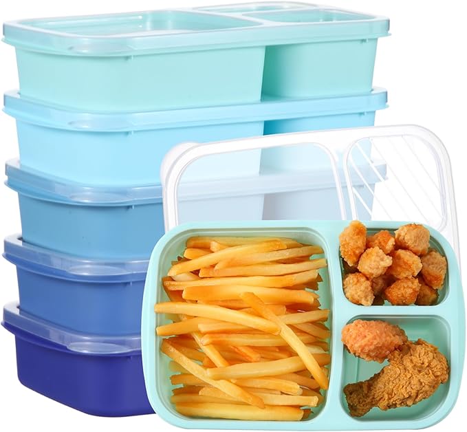 Honeydak 5 Pack Snack Containers 3 Compartment Bento Snack Boxes Divided Meal Prep Containers with Lids Reusable Adults Lunch Food Storage Box for School Work Travel(Glacier Color)