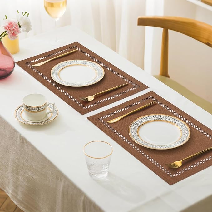 Linen Cloth Placemats Set of 4, HADEEONG 12 x 18 Inch Hollow Edge Place Mats Washable Heat Resistant Placemats Cloth Table Mats for Dining Table Home Decor (Brown, 4)