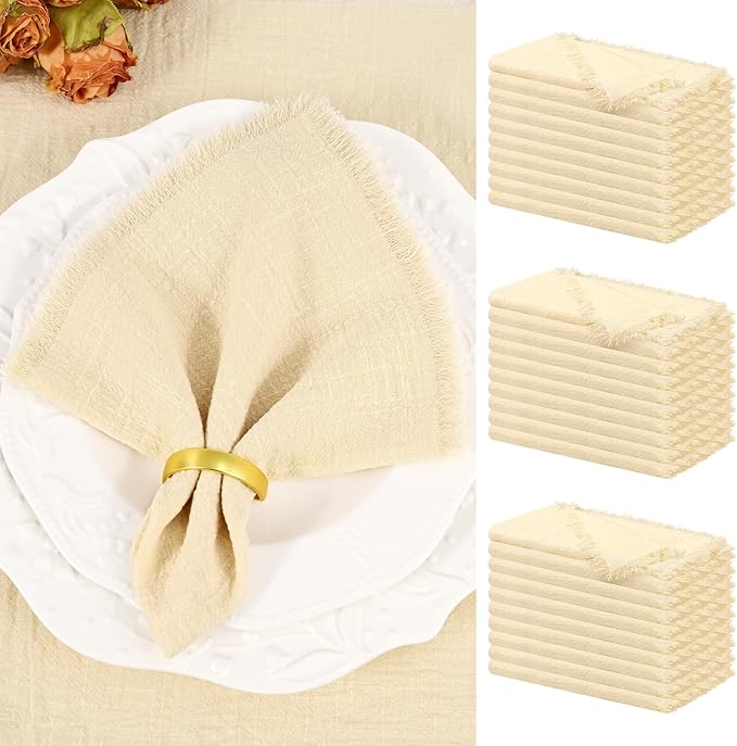 Showgeous 30 Pack Beige Cloth Napkins with Fringe 16x16 inch 100% Cotton Beige Napkins Handmade Dinner Napkins Bulk Washable Soft Rustic Table Napkins for Wedding Parties Bridal Baby Shower
