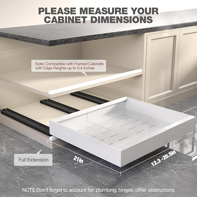 Seinloes 1 Pack Pull Out Cabinet Organizer 21" Deep,Full Extension 3 Slide Rails Slide Out Drawers With Raising Pad for Framed Cabinets,Expandable Width (12.3"-20.5"),No Drill Roll Out Shelves,White