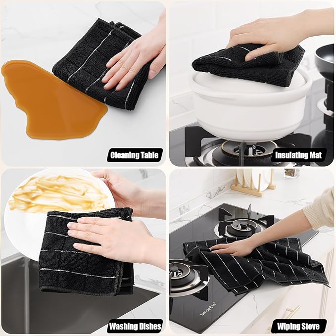 Homaxy Microfiber Kitchen Towels and Dishcloths Set, 20 Pack Soft and Absorbent Dish Hand Towels Bulk, 28 x 16 Inch & 12 x 12 Inch Quick Drying Rags for Washing Dishes, Black