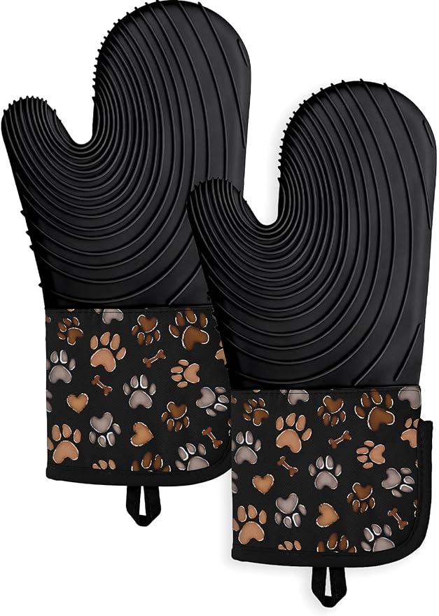 Slohif Long Silicone Oven Mitts Heat Resistant for Women - 2 Pcs Dog Paw 100% Cotton Oven Gloves, Non-Slip and Waterproof Silicone Oven Mitts with Hanger for Baking and Cooking