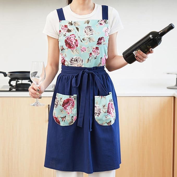 Pinknoke Vintage Pinafore Apron Dress for Women with Pockets Cute Floral Chef Aprons for Kitchen Cooking Baking Gardening