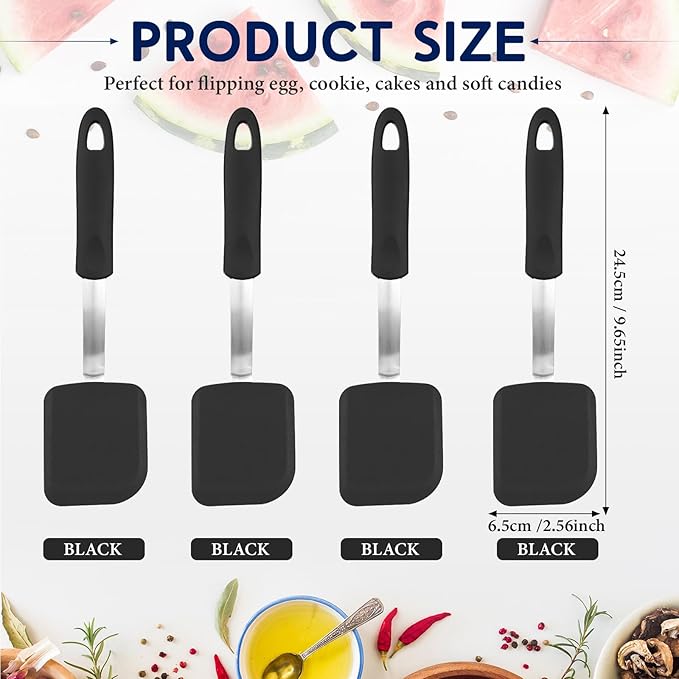 Gejoy 4 Pcs Silicone Cookie Spatula Turner Mini Brownie Spatula Flexible Silicone Spatulas Nonstick Cookware Heat Resistant No Scratch Flipper Baking Utensils for Egg Pancake(Black)