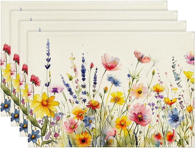 Artoid Mode Daisy Lavender Floral Leaves Spring Placemats Set of 4,12x18 Inch Seasonal Spring Table Mats for Party Kitchen Dining Decoration