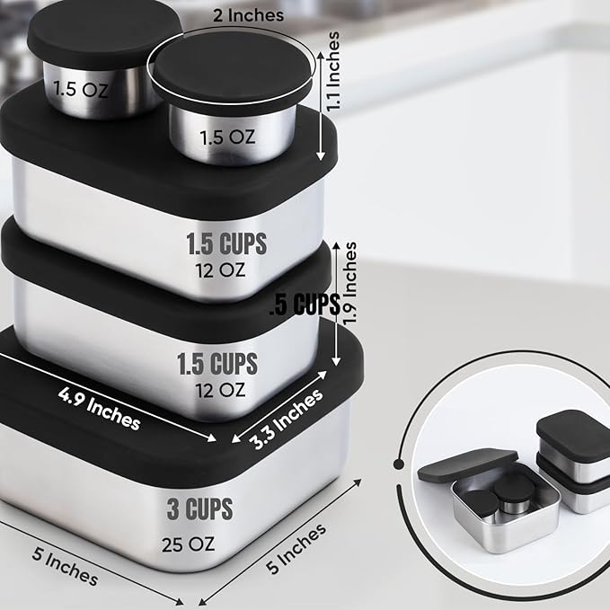Modaniam Flexibento - Leak proof Stainless Steel Bento Box | Stainless steel Snack Containers | Food Containers with Silicone Lids | Metal Food Containers| Bentobox - Black, 52 Oz Set (set of 5)