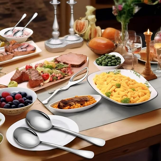 Stainless Steel Serving Spoons Set, 8pc, 10-Inch, Includes 4 Large, 4 Slotted, for Parties/Kitchen/Buffet/Catering, Dishwasher Safe