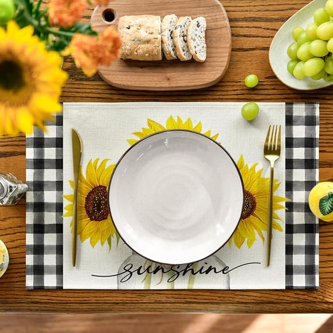 Artoid Mode Buffalo Plaid Sunflower Sunshine Vase Summer Placemats Set of 6, 12x18 Inch Spring Table Mats for Party Kitchen Dining Decoration