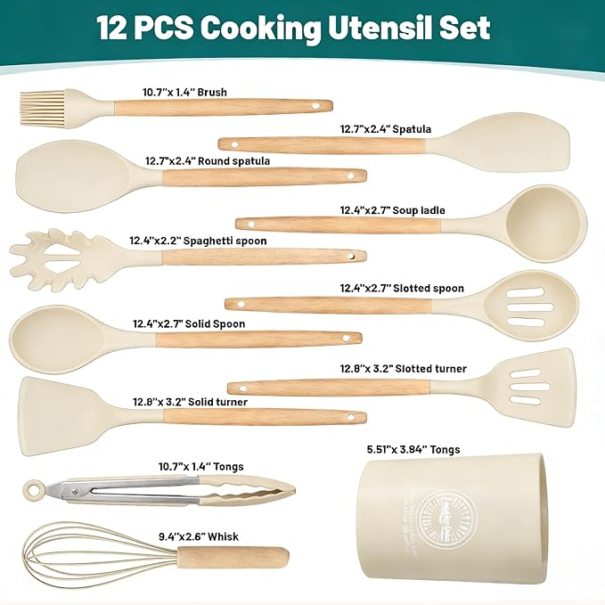 Silicone Cooking Utensil Set,12 PCS Cooking Kitchen Utensils Set, Nonstick Kitchen Utensils 446°F Heat-Resistant Cookware Kitchen Tools of Spoon,Brush,Whisk,Spatula,Turner Tongs (Khaki)