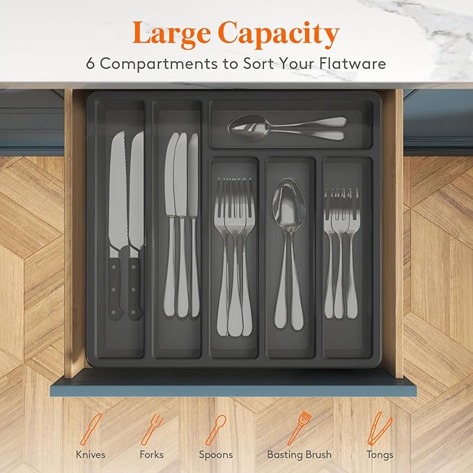 Lifewit Silverware Organizer with Lid, Covered Utensil Tray for Kitchen Drawer and Countertop, Plastic Cutlery and Flatware Storage Box for Spoons Forks Knives Holder Case, 12.6x11.8", Black