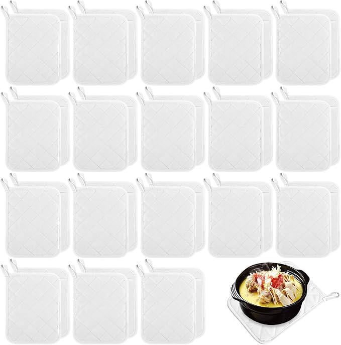 Hoolerry 20 Pieces Pot Holders with Pocket Sublimation 7x9'' Cotton Oven Pot Holders Bulk with Hanging Loops Pads for Kitchen Cook Baking (White)
