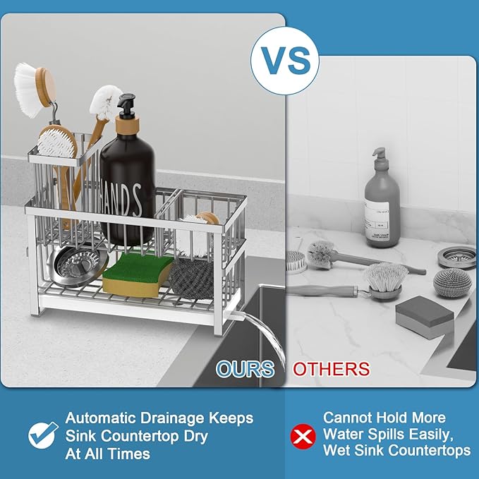 Hvisso 2-Tier Kitchen Sink Caddy with High Brush Holder, Sponge Holder for Sink, Kitchen Storage Organization Sponge Rack, Home Apartment Essential Gadgets Accessories (Silver)