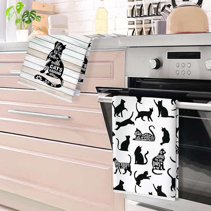 Funny Black Cats Microfiber Kitchen Towels, Soft Absorbent Hand Towel 15.7 × 23.6 Inch, Thick Dish Cloth for Party Anniversary Holiday Decoration, Housewarming Gifts for Mom