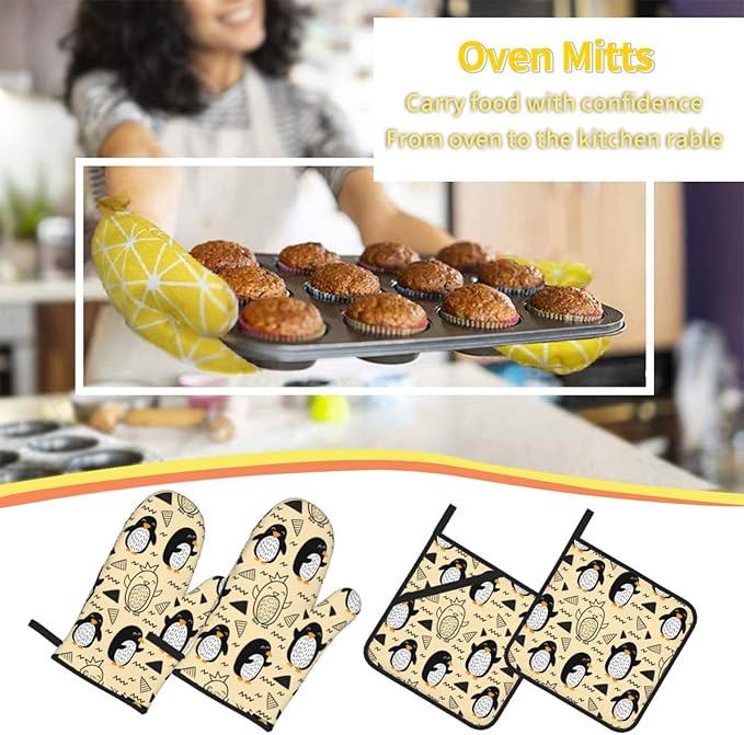 Cute Penguin Oven Mitts and Pot Holders Sets Kitchen Oven Gloves BBQ Gloves Pot Holders for Cooking Baking
