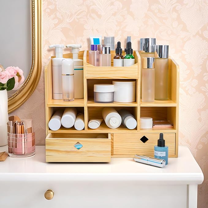 Wooden Desk Organizer with Drawers, Large Countertop Office Supplies Accessories Organization with 10 Compartments, Multifunctional Storage Box Makeup Storage Shelf Rack for Home, Office