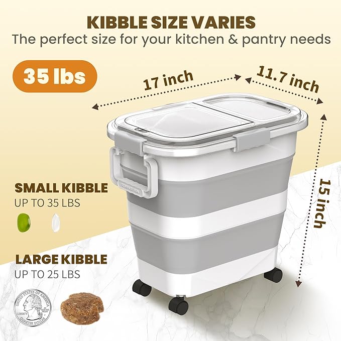 25-35Lbs Rice Container,Collapsible Food Storage Containers with Transparent Airtight Lid,Wheels,Rice Storage Container with Small Bin and Scoop,Rice Dispenser for Flour Sugar Cereal Grain Dog Cat
