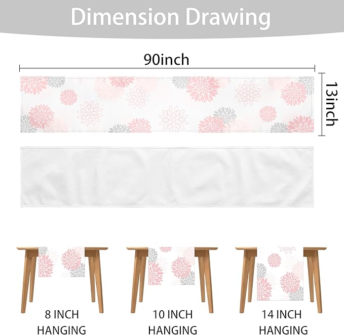 Dahlia Flower Table Runner 13x90 Inch Farmhouse Pink Gray Runners Modern Table Decorations Rustic Geometric Coffee Table Runner for Home Kitchen Dining Room Party (13"x90", Dahlia Floral-Pink)