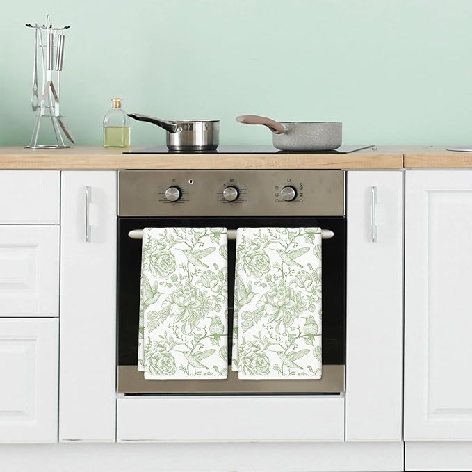 Green Floral Kitchen Towel Flower Birds Dish Towel 18 x 28 Inch Hand Drying Tea Towel for Cooking Baking Party Supplies, 2Pcs
