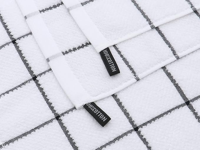 Cotton Terry Kitchen Dish Cloths, Soft Absorbent Tidy Kitchen Dish Towels (Black Grid, Dish Cloths 13 x 13 in)