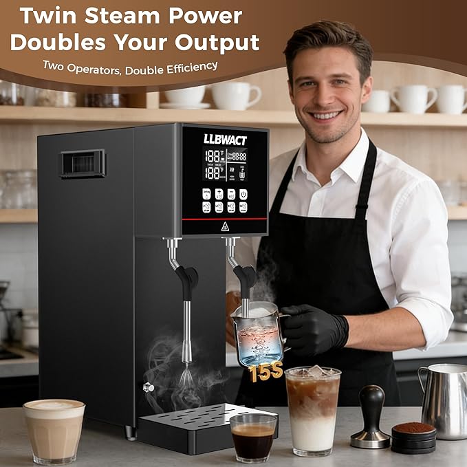 Dual-Head Commercial Steam Milk Frother, 2 Independent Wands, 15s Fast Frothing, 2000W 8L Continuous Steam, Independent Temp Control with LED Display for High-Volume Coffee Shop Restaurant