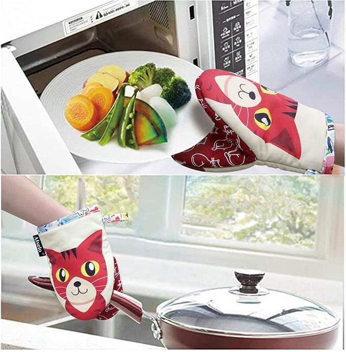 Alselo Mini Oven Mitts,2pk - Silicone Little Kitchen Gloves, Heat Resistant with Non-Slip Grip and Soft Quilted Cotton Lining for Safe Backing Cooking Barbecue (Red, 2)