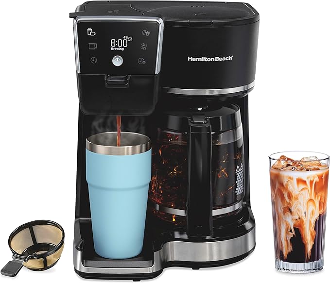 Hamilton Beach 2-Way 12 Cup Programmable Drip Hot and Iced Coffee Maker & Single Serve Coffee Machine, Glass Carafe, Auto Pause and Pour, Black (47500J)