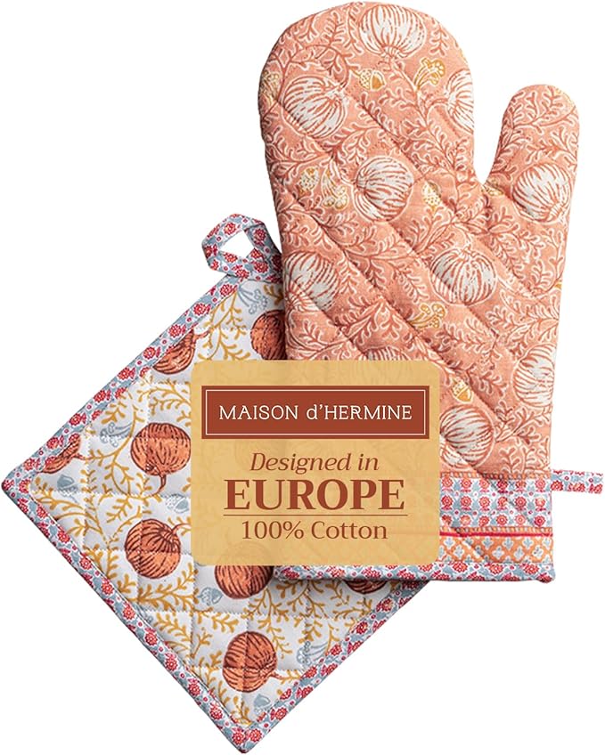 Maison d' Hermine 100% Cotton Oven Mitt & Pot Holder Set (7.5"x13" & 8"x8") Heat Resistant BBQ Cooking Gloves with Loop for Thanksgiving Christmas Decorations Handling Hot Pans (Harvest Festival)
