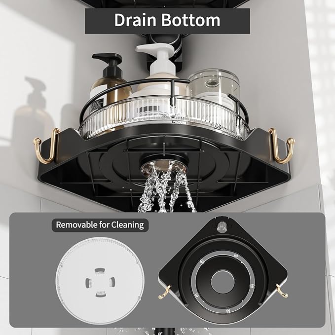 akinbas Shower Caddy Tension Pole with 4 L-Lazy Susan Organizer 360 Rotating 35-128 Inch No Drilling Floor Standing Shelves Adjustable Shower Rack for Bathroom Corner (Black)