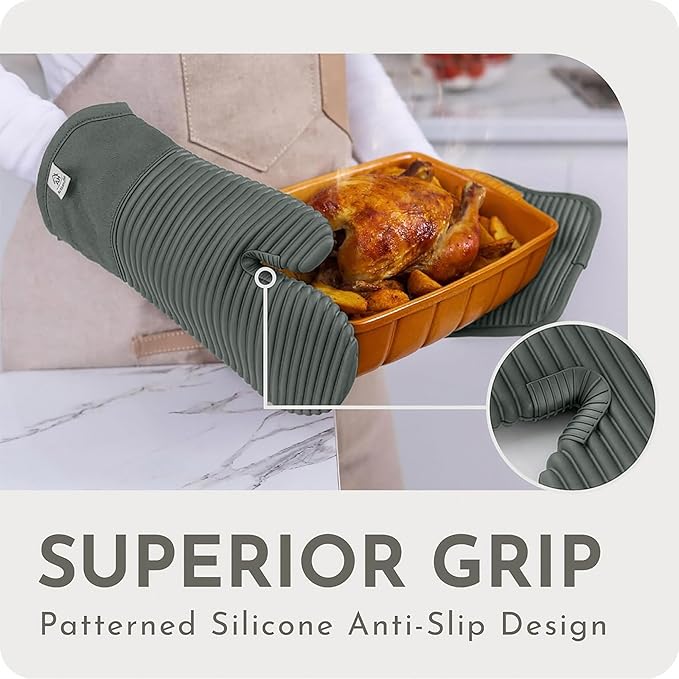 Extra Long Silicone Oven Mitts and Pot Holders Sets | Heat Resistant 500°F BPA-Free Food Grade Silicone Hot Pads & Kitchen Mittens | 4-Piece Set of Oven Gloves & Potholders for Kitchens- Gray