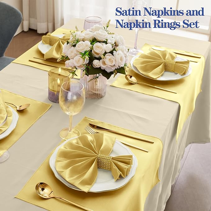 RUDONG M 100 Pcs Gold Satin Napkins and Napkin Rings Set, 17 x 17 Inch Square Cloth Napkins Set of 50, Silky Soft Table Napkins Bulk for Weddings, Banquet, Parties Dinner Decoration