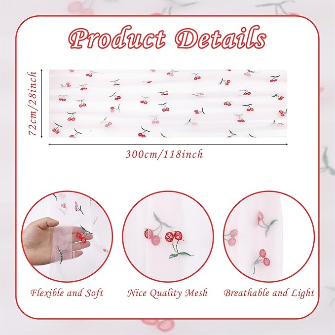 YATOJUZI Embroidery Cherry Table Runner Girly Rustic Decorations Summer Seasonal Fruits Floral Home Kitchen Decor Tulle Dining Table Runners for Wedding Shower Party