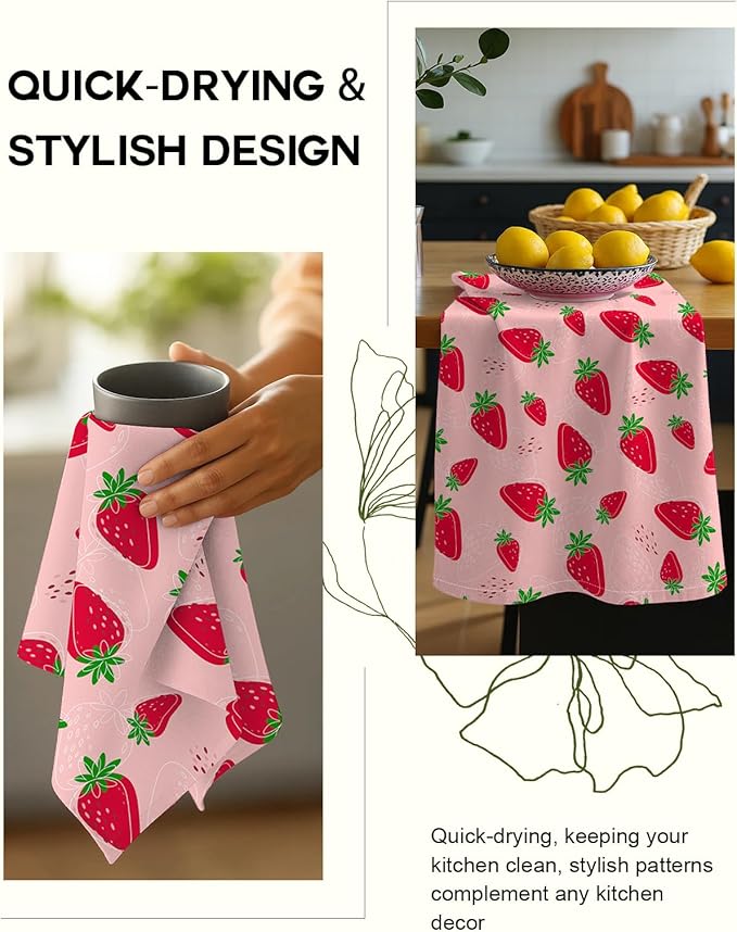Miss Adola Flour Sack Kitchen Towels Set of 2-18x26 Cotton Dish Towels with Hanging Loop Reusable Tea Towel for Cleaning Spring Absorbent Dishcloths Cute Home Decor Housewarming, Line Strawberry