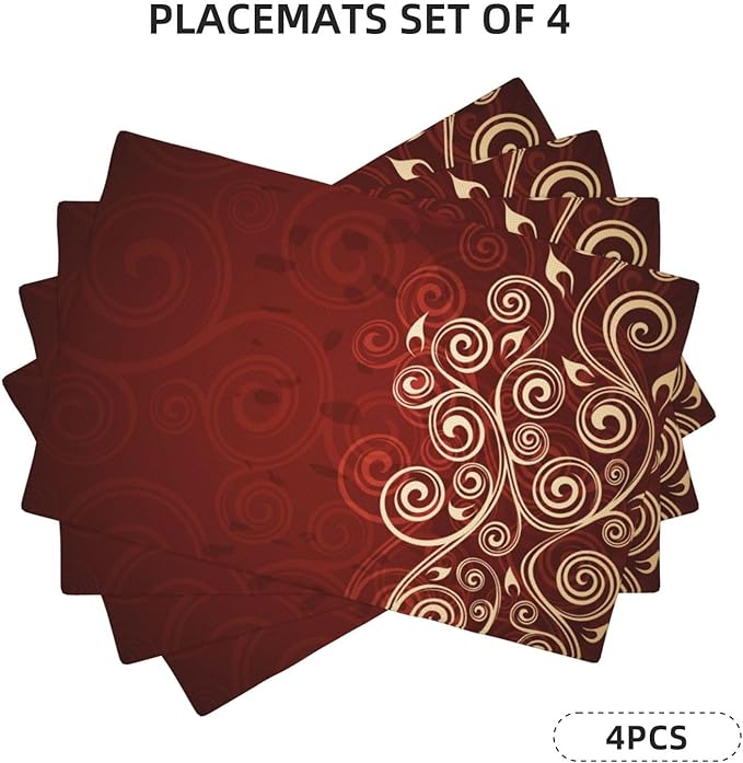 Burgundy Placemats Set of 4 Linen Washable Red Floral Swirls Ivy Image Ombre Details Placemat Kitchen Dining Heat-Resistant Place Mats Flower Art Table Mats for Home Party 12x18 Inch