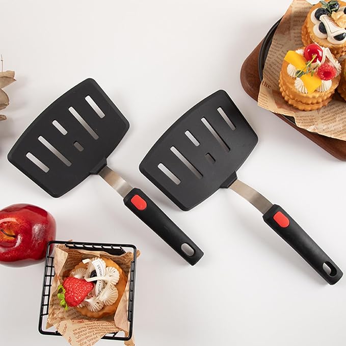 2 Pack Silicone Large Pancake Spatula Turner for Nonstick Cookware, Extra Wide Spatula for Cooking，Flexible Fish Turner, Slotted Spatulas for Eggs Omelette Flipping,Dishwasher Safe (2 Pack Black)