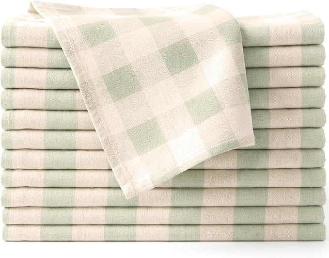 Cloth Napkins Set of 12, 100% Cotton Reusable Gingham Printed Dinner Napkins, 18x18 Inch Washable Table & Kitchen Napkins for Home, Dining, Entertaining – Sage Green & Ivory