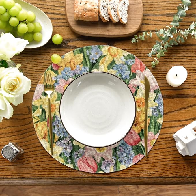 Artoid Mode Tulip Flowers Cat Round Spring Placemats Set of 4, 14 Inch Summer Round Table Mats for Dining Decoration