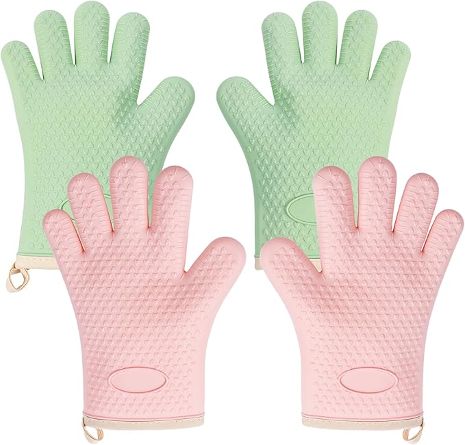 2 Pairs Silicone Oven Mitts Oven Gloves with Fingers Heat Resistant Waterproof Non-Slip Cotton Lined Silicone Oven Gloves Kitchen Mitts for Baking Cooking BBQ(2 Pairs-Green +Pink)