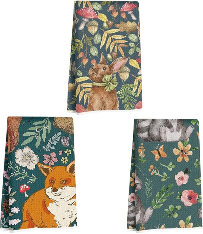 3Pcs Animal Flower Kitchen Towels, Fox Bunny Microfiber Dish Cloth Tea Towel, Reusable Waffle Hand Towels for Bathroom kitchen Home Farmhouse Decor, Raccoon Gifts for Women Mom Friend, 24x14 Inch