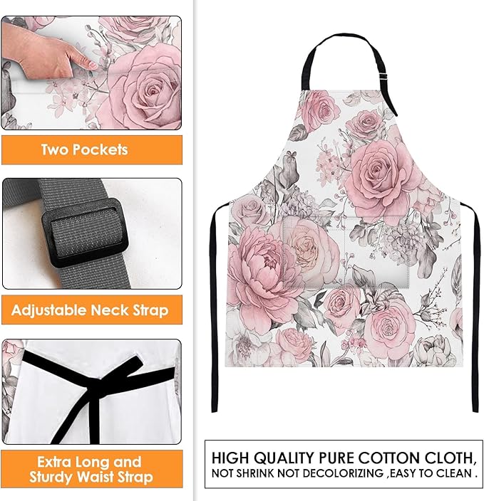 Britimes Apron Home Kitchen Cooking Baking Gardening for Women Men with Pockets Pink Flowers Leaves Watercolor Floral 32x28 inch