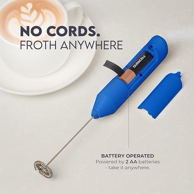 Zulay Kitchen Milk Frother Handheld Battery Operated – Electric Drink Mixer for Coffee, Lattes, Cappuccinos, Matcha & Hot Chocolate – Portable Foam Maker & Coffee Bar Accessory - Blue Gold