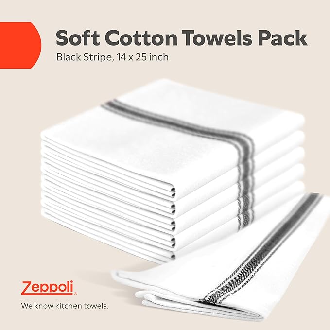Zeppoli Classic Kitchen Towels - 15 Pack 100% Natural Cotton Kitchen Towel Set, Reusable Wash Cloths, Absorbent Dish Towels, Machine Washable Hand Towels, Kitchen Essentials, 14” x 25”, Black Striped