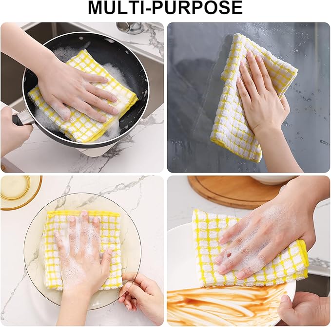 Kitinjoy Cotton 12 Pack Terry Kitchen Dish Cloths, 12 x 12 Inches Super Soft and Absorbent Dish Rags, Quick Drying Dish Towels for Washing Dishes, Yellow