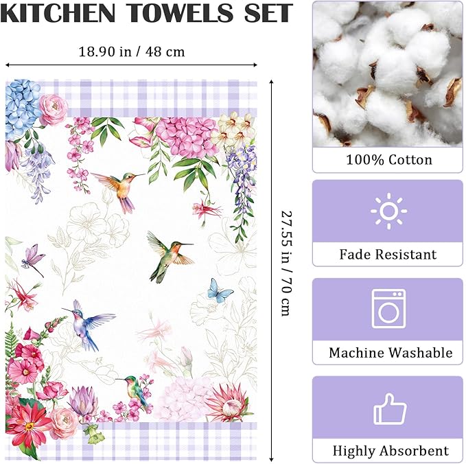 Spring Summer Bird Floral Tea Towels, Cotton Kitchen Towel 18.9 × 27.5 inch, Quick Drying Dish Cloth for Party Anniversary Holiday Decoration, Housewarming Gifts for Mom