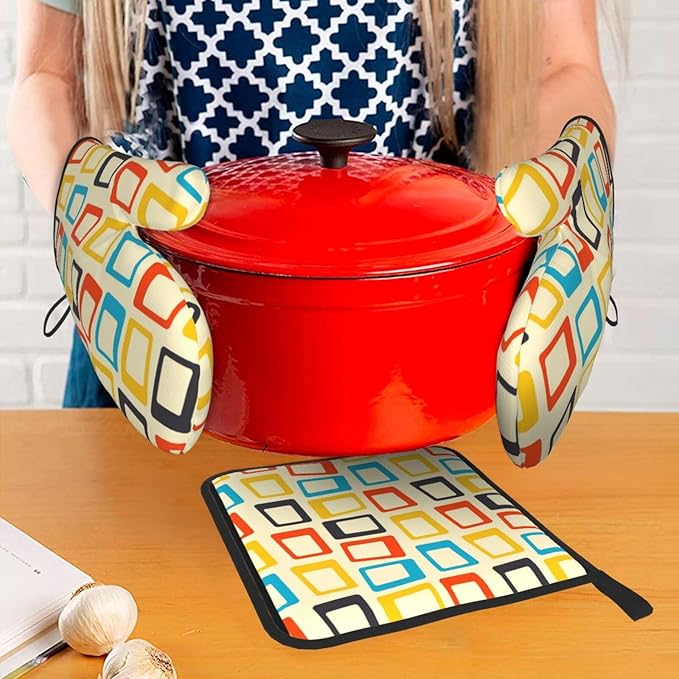 Mid Century Modern Oven Mitts and Pot Holders Sets of 3 Retro Heat Resistant Non Slip BBQ Gloves for Cooking Grilling Baking Kitchen Decor