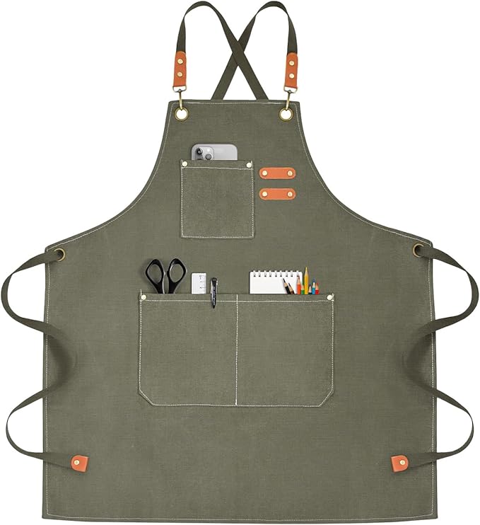 OUNLEN Chef Apron for Men Women Canvas Aprons with 3 Pockets Cross Back Resistant Work Apron for Cooking