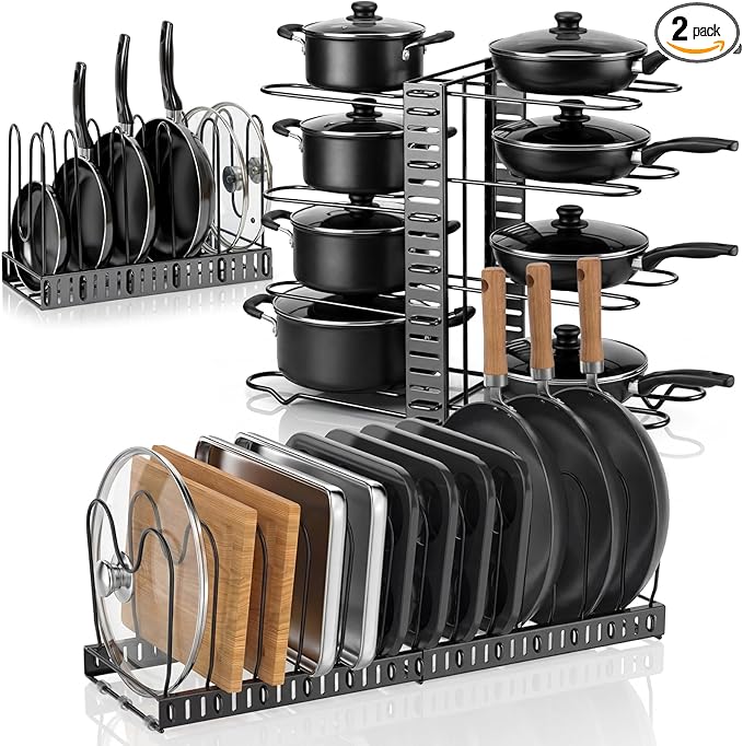 2 Pack Pot & Pans Organizer Kit for Cabinet, 8 Tier Adjustable Pot & Pans Organizer Rack, Expandable Cutting Board Storage Rack Baking Tray Cookie Sheet Holder with 14 Adjustable Divider Kitchen