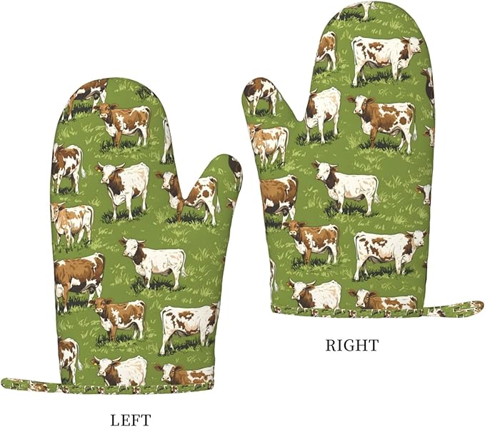 Farm Cow Silicone Oven Mitts Set of 2, Heat Resistant up to 500°F, Kitchen Oven Gloves with Non-Slip Grip and Soft Cotton Lining for Baking, Cooking and BBQ